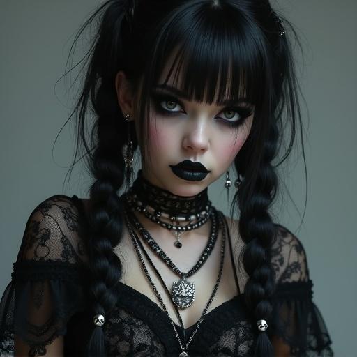 Image depicts a Caucasian Goth girl wearing dark lace clothing. She has layered necklaces and heavy boots. Her hair is jet black with braids and silver skull accessories. Makeup includes smoky eyes with dark lipstick. Gothic aesthetics are emphasized with heavy details. Creates a mysterious and intense atmosphere.