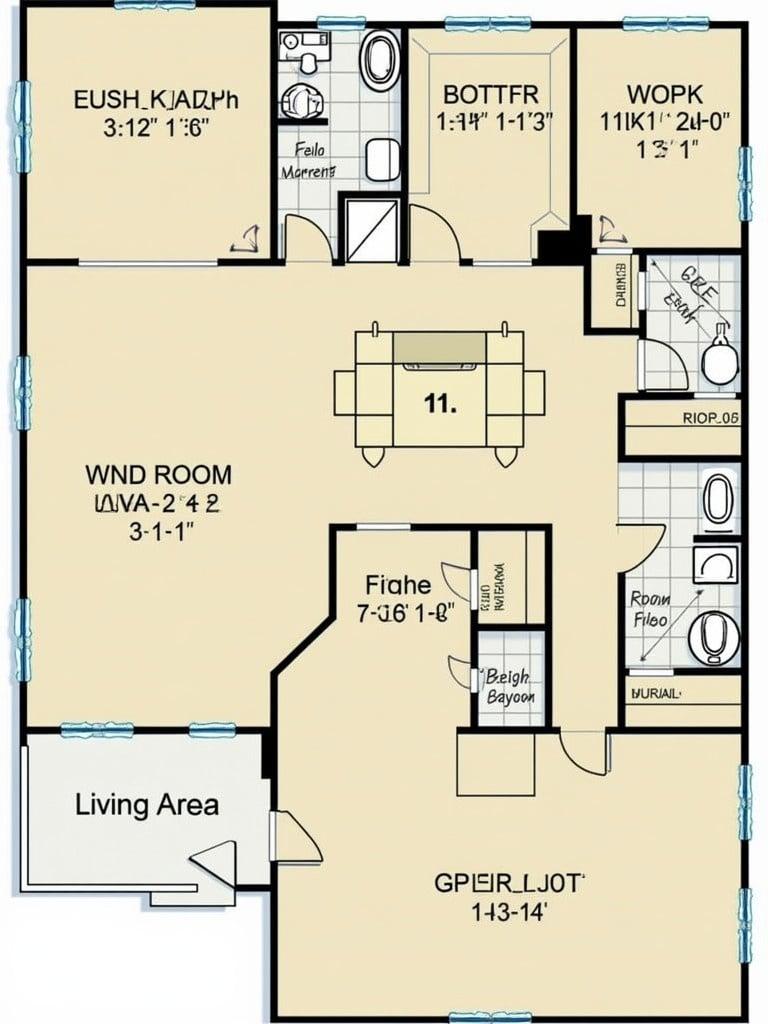 Floor plan of a ground floor with two bedrooms featuring walk-in closet. Includes a kitchen with a work station. Maid room connected to a washroom. Spacious living room with sitting area. Common washroom. Dining area with access to the courtyard.