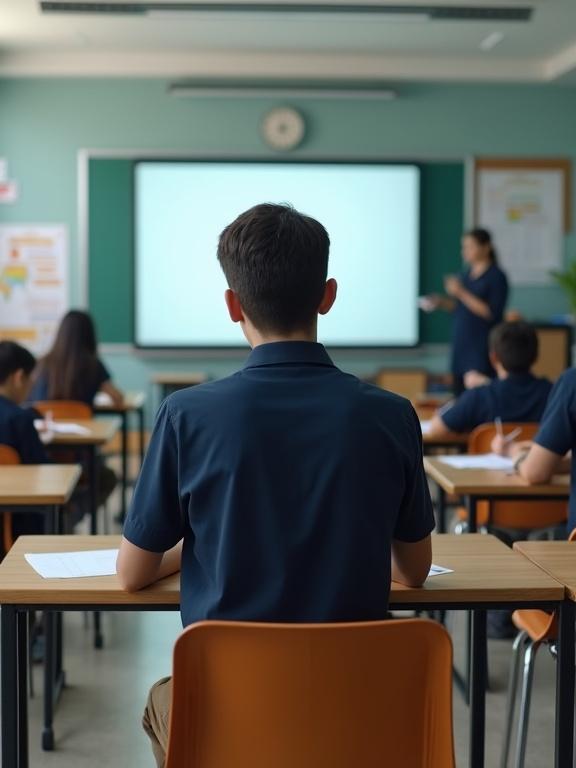 A student takes an exam in a modern classroom. The student is viewed from behind. Seated in a smart classroom with a smart board. Wearing brown trousers and a dark blue shirt. Other focused students in the background. Natural light streams through windows. Desks are neatly arranged. A teacher stands near the smart board. Classroom elements like a wall clock and educational posters are visible.