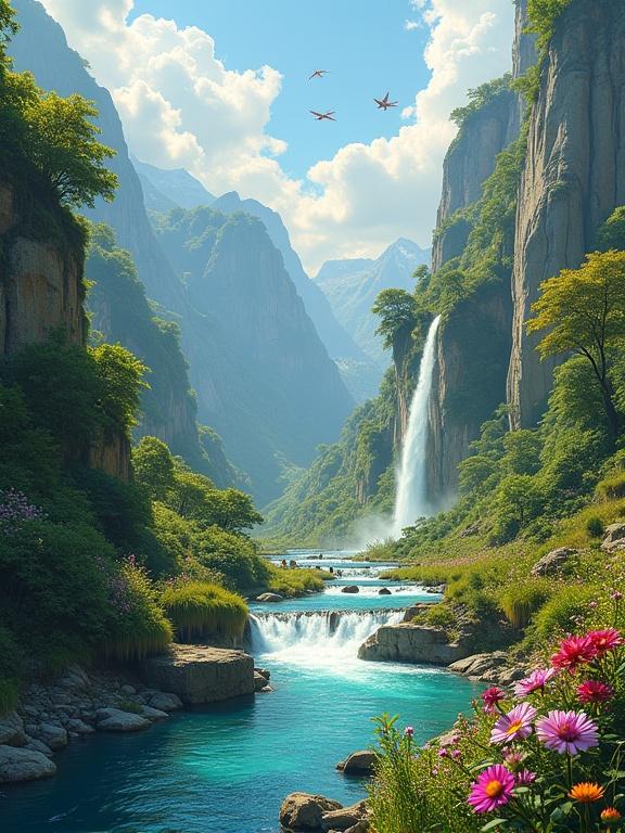 Image shows a lush valley with a river and colorful flowers. Waterfalls flow into the river surrounded by cliffs. Bright blue sky with clouds and birds above. A magical, serene landscape.