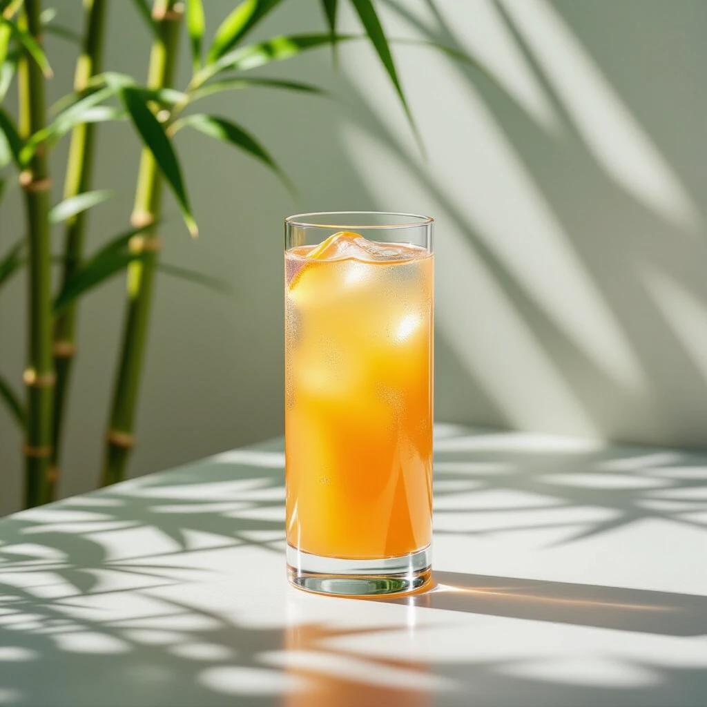 A peach sparkling drink stands on a light gray surface. Sunlight casts shadows. Background features green bamboo stalks and leaves. Bright sunny day. High contrast. Sharp details. Modern fresh vibe. Minimalist composition. Natural light and summer feel. Hand shadow in foreground.
