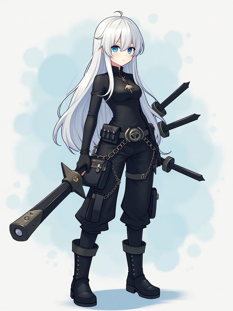 Character features long white hair and icy blue eyes. The outfit is completely black including pants and neckholder top with details. The character holds a large weapon and has black boots. Several weapons are visible with a belt that has many pockets.