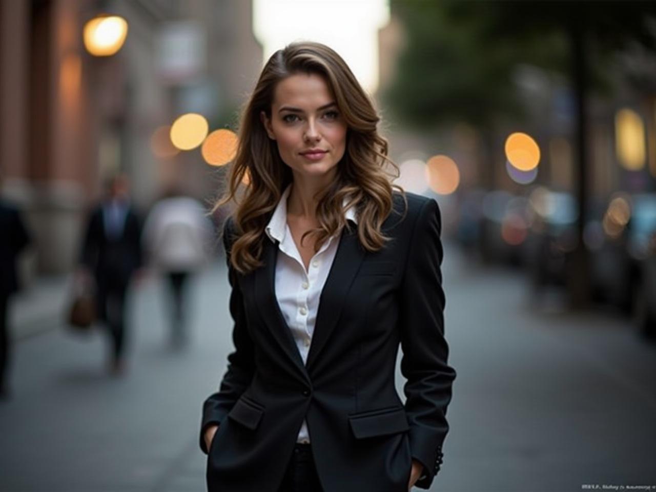 The image features a person standing confidently outdoors, dressed in a formal black suit with a white blouse. Their hair is styled in loose waves, adding elegance to their professional look. The background hints at an urban setting, with blurred lights suggesting a city ambiance during twilight. The warm glow from the lights creates a soft contrast against the person's dark outfit. The composition conveys a sense of sophistication and professionalism.