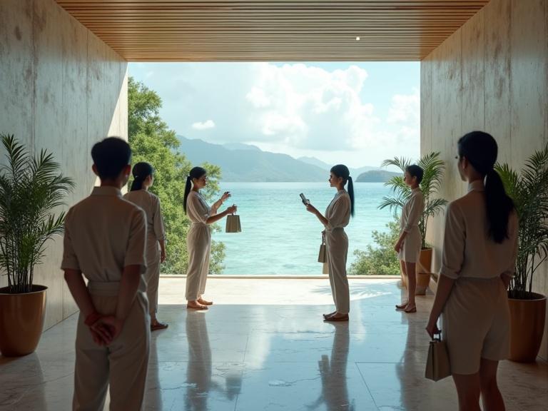 An ultra realistic image featuring luxurious futuristic island hotel staff giving a tour of hotel facilities to diverse Asian guests of various ages. Natural light illuminates the scene with a serene ocean view.