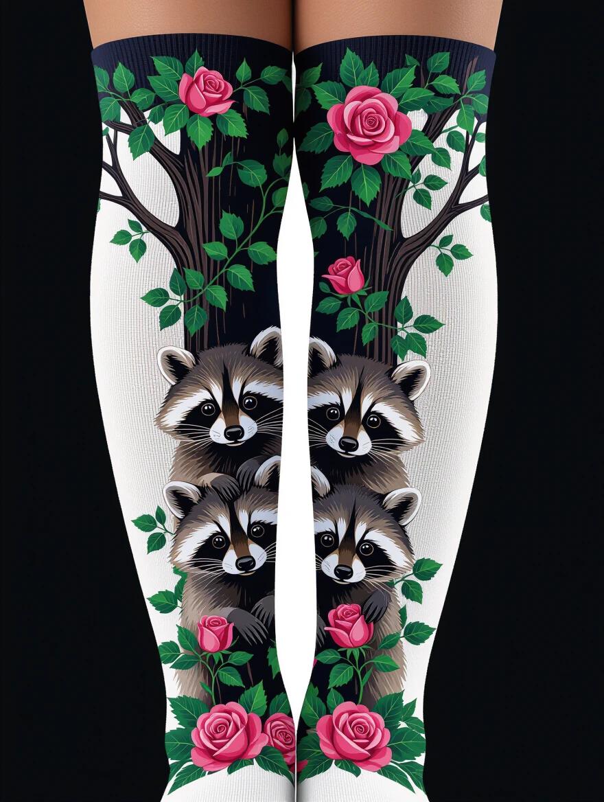 Close-up view of thigh-high socks featuring cute raccoons obscured by a tree with ivy and roses. The colors are vibrant and dark, with a professional and high definition photography style against a black background.
