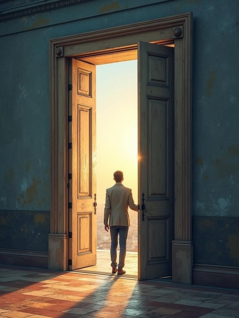 Image of a person standing in front of an open door. Sunlight is shining through the door. Warm colors create an inviting atmosphere. The scene evokes a sense of hope and new beginnings.