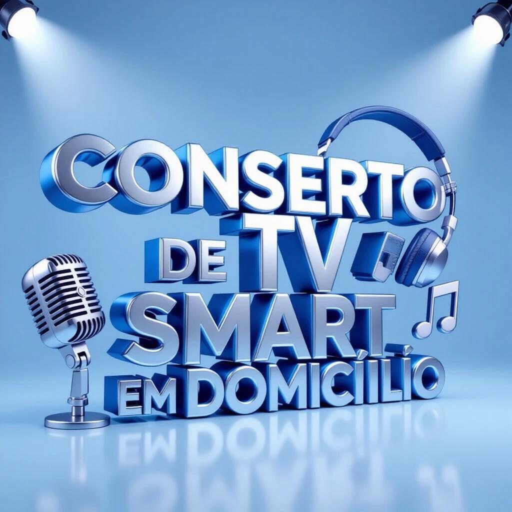 3D text reads 'CONSERTO DE TV SMART EM DOMICÍLIO'. Metallic finish applied to text. Includes 3D microphone icon. Features 3D headphone icon. Adds 3D musical notes icon. Blue and silver colors used throughout. Professional lighting illuminates setting. Designed for home environment.