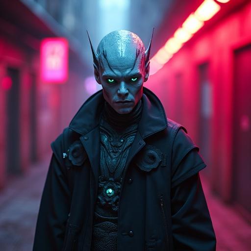 Image of a humanoid alien with metallic skin in a futuristic alien atmosphere. The character stands in a sci-fi alley. The lighting is neon red and purple. The character has an intense calm expression. The coat is fusing with technology.