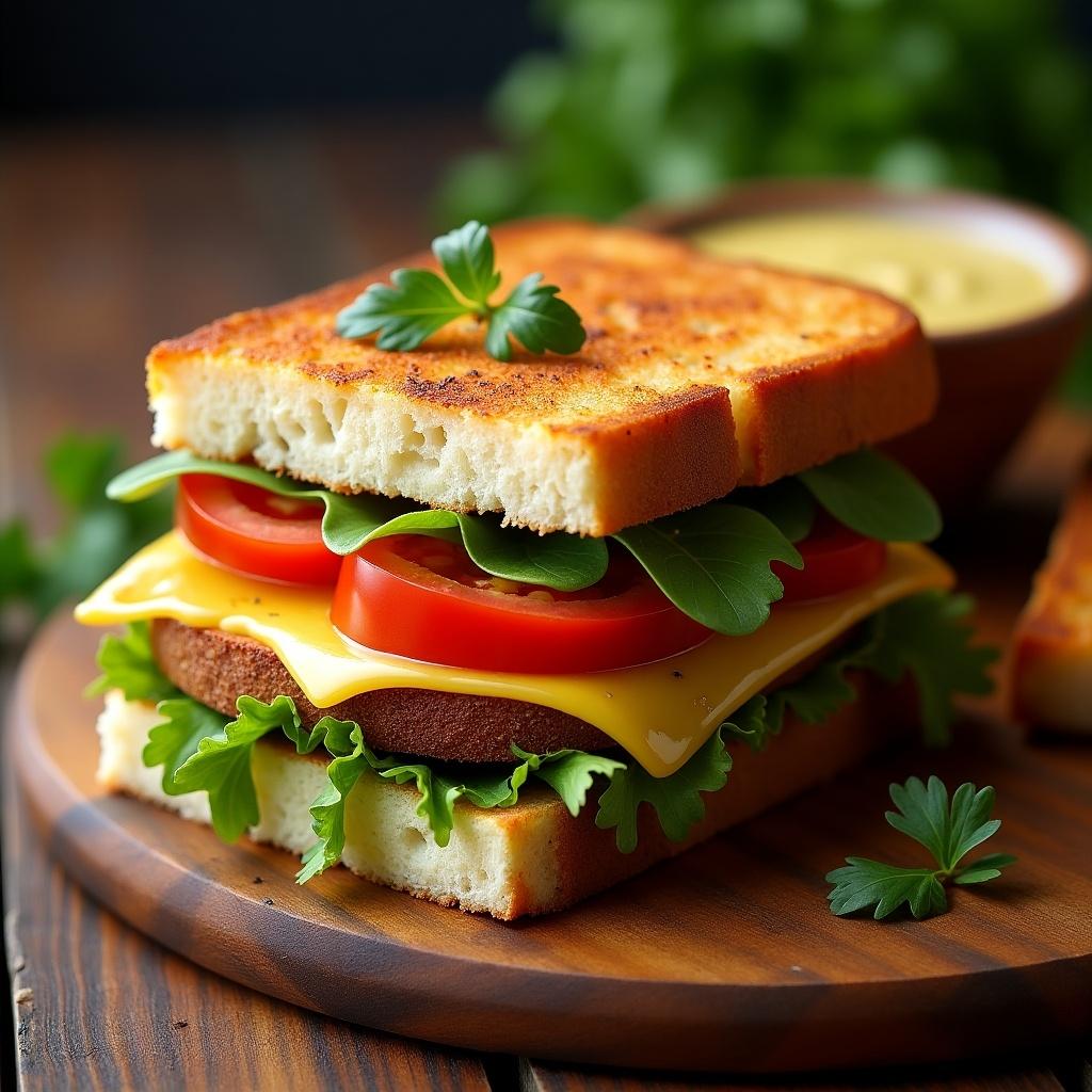 This image features a delicious halloumi and cheese toast sandwich. The sandwich is layered with fresh lettuce, juicy tomato slices, and melted cheese, all nestled between two perfectly toasted slices of bread. A sprig of parsley adds a pop of color on top. In the background, there's a bowl of mustard, hinting at the flavors that accompany this delightful meal. The warm lighting enhances the inviting appeal of the sandwich, making it look appetizing and fresh. This image is perfect for showcasing a quick, healthy, and satisfying lunch option.