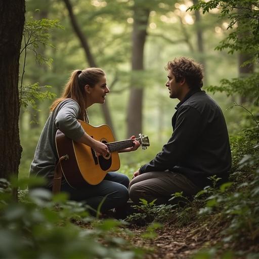 Woman plays guitar in a forest while speaking with a man. Lush greenery surrounds them. Natural light creates a peaceful ambiance. Intimate atmosphere encourages connection in nature.