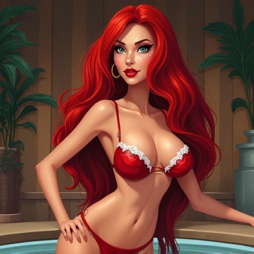 Digital illustration of a cartoon female character in a bikini. The character has long red hair and a glamorous appearance. Background includes a pool or beach setting. Emphasizes vibrant colors and character expression.