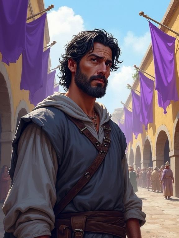 Portrait of a determined man with black hair and gray streaks. He wears a simple crown and gray traveling clothes. The background features colorful alleys with purple banners. The setting is a Greek fantasy city with a heroic epic vibe. The art style is semirealistic with watercolor splashes.