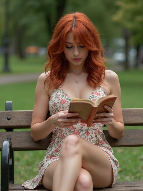A woman with red hair sits on a bench in the park. She appears to be reading a book. She wears a floral mini sundress and has a relaxed posture with her legs crossed. The setting features greenery and natural light. The image is pixelated and low resolution with a soft look.