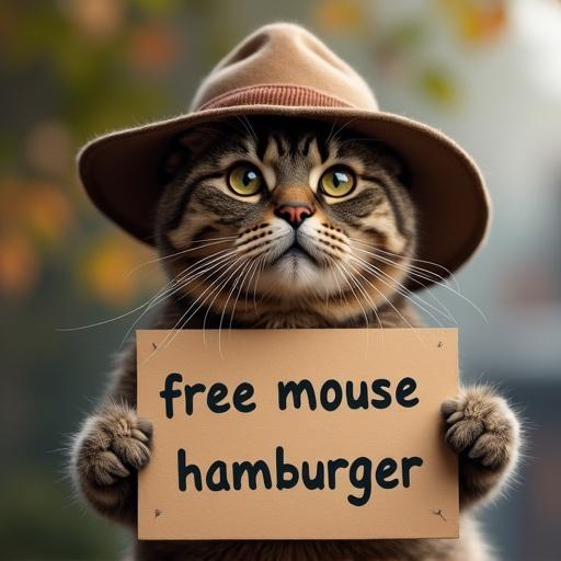 A cat wearing a hat holds a sign that reads 'free mouse hamburger'. The cat has a serious expression. The background is blurred with warm colors.
