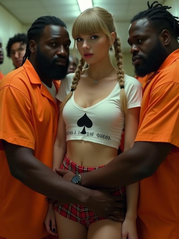 A scene in a prison setting with a woman and a man in prison jumpsuits. The woman has long blonde twintails and is wearing a cropped white t-shirt with text. She looks concerned. The man beside her is dressed in an orange jumpsuit. Other men are in the background creating a tense atmosphere.