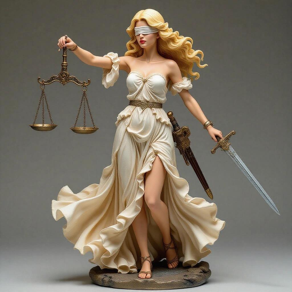 Sensual female resin figure inspired by Libra sign. Beautiful blonde woman in balanced dancer pose. Long, ethereal dress with ruffles. Long hair blowing in the wind. Blindfolded, holding scales and decorative sword.