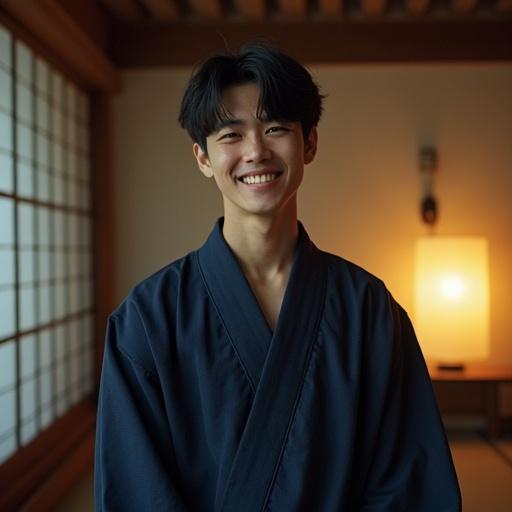 Young Japanese man in a navy yukata smiling in a traditional room at night. Photo looks retro with film texture and direct flash shadows.