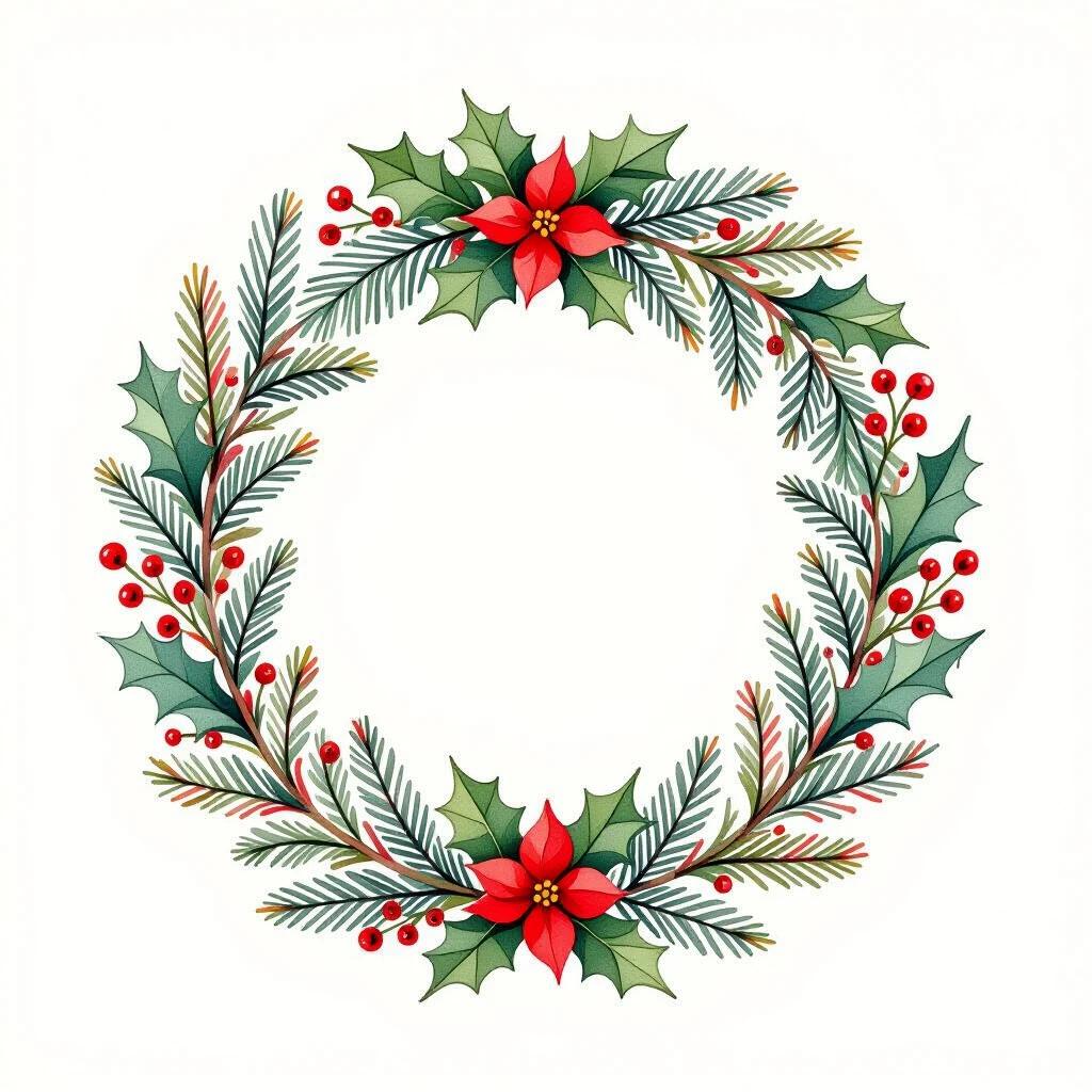A circular Christmas wreath painted in a watercolor style. Prominent evergreen branches are present. Holly leaves intersperse among the branches. Smaller delicate red flowers scatter throughout, adding splashes of vibrant color. Leaves vary in shades of green. Watercolor style gives a light, artistic feel. On a white background. Bright and bold colors.