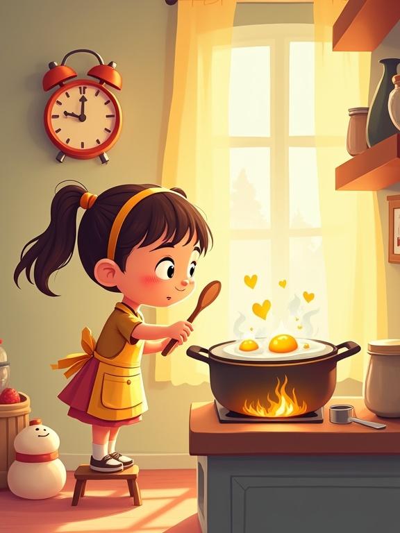 Charming cartoon illustration of a curious little girl with pigtails in a colorful kitchen. She watches eggs boil in a bubbling pot. Girl wears oversized apron and holds wooden spoon. Steam forms playful shapes above the pot. Cartoonish fire burns under pot. Nearby a smiling salt shaker dances. Wall clock shaped like fried egg shows breakfast time. Bright warm colors soft outlines exaggerated proportions cozy atmosphere glowing lighting.
