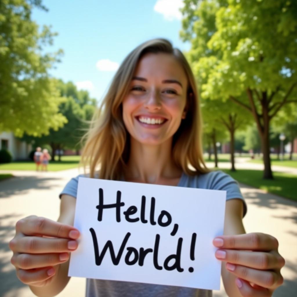 Selfie featuring a person holding a sign with the text 'Hello, World!' outdoors in a park setting.