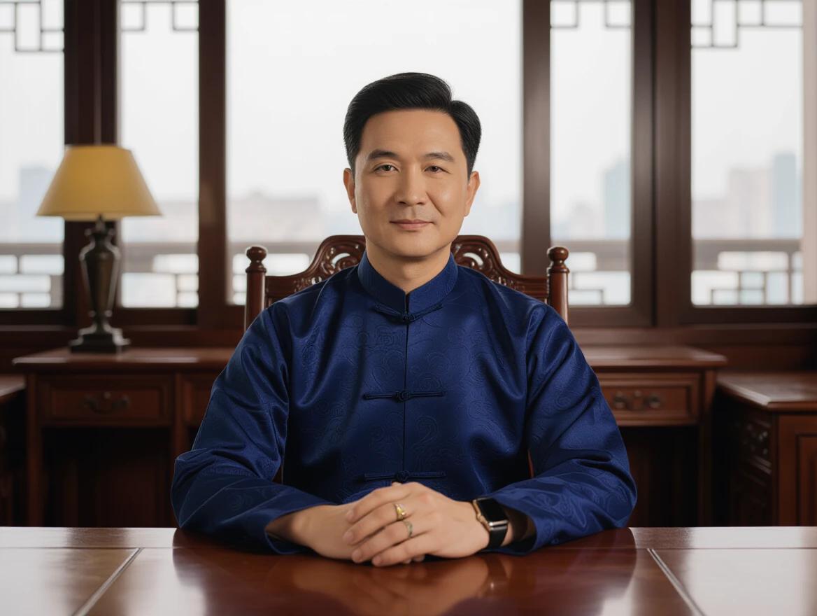 A 38-year-old Asian male fortune teller dressed in a deep blue silk tang suit with a light gray inner garment. Skin has a natural tone with aged yet dignified features and short black hair. He sits in a tea room at a wooden square table, hands resting on his lap, central framing with a serene expression. Behind him is a display of tea sets and bamboo slips, creating an elegant and traditional atmosphere.