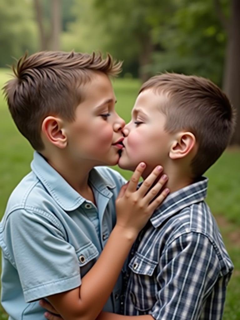 Two 7 year old boys share a kiss outdoors. They are smiling and appearing joyful. They are standing close to each other in a green field. The scene is bright and cheerful. Their hair is styled neatly. They wear casual clothing suitable for summer. The atmosphere is playful and innocent.