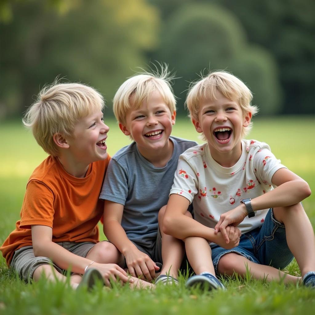 Three blond boys sit together on a grassy lawn. They laugh and joke around, displaying a sense of friendship and joy. Green grass surrounds them. Soft natural light creates a warm atmosphere.