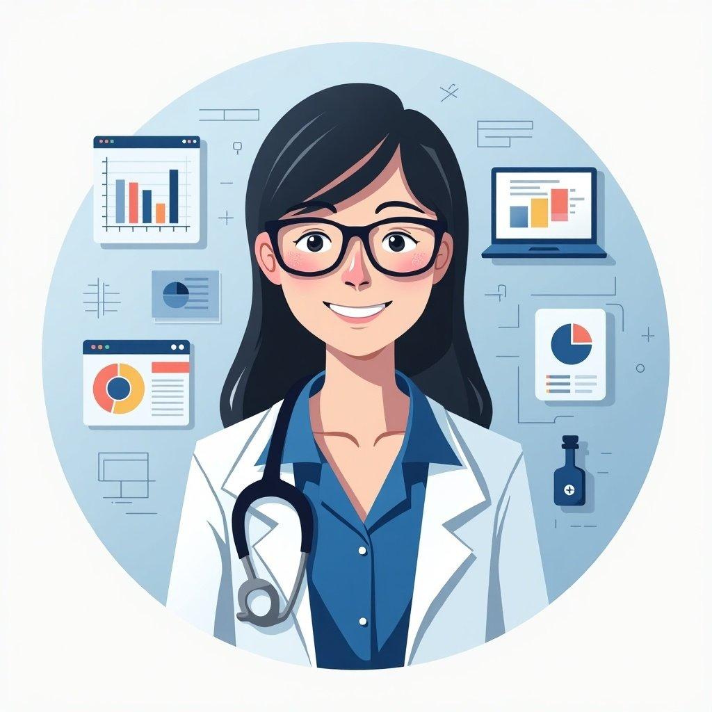 A professional female data scientist wearing glasses and a lab coat. Data visualizations and graphs are in the background. The setting suggests a blend of healthcare and data analytics.