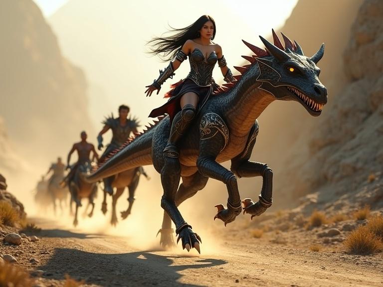 Group of warriors running on foot along mountain road. Main character with long black hair rides a Strider, a two-legged dragon with dark scales and spikes. She wears Dark Crystal Attire armor set. Armor shines. Dust rises from the path. Epic atmosphere. Open rocky landscape. Golden hour light. Highly detailed.