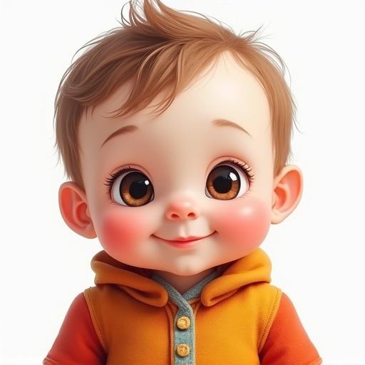 Very cute baby wearing colorful European-style clothing. Close-up view shows only head and neck. Baby is smiling gently while looking at the camera. Soft natural lighting with no shadows. High detail. Plain bright background.