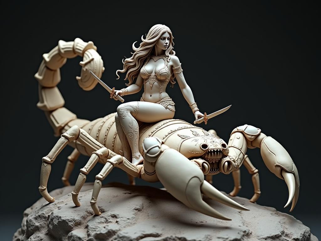 Resin sculpture of a powerful goddess on a giant scorpion. She wields daggers wearing sensual armor. The scorpion has thick legs and a curled tail. Strength and beauty are conveyed in a semi-realistic style.