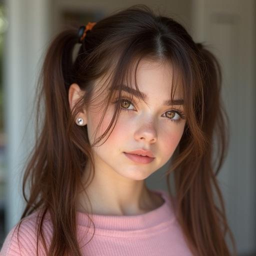 Close-up portrait of a girl with brown hair styled in ponytails. She has a gentle expression and wears a soft pink top. The background is softly blurred to highlight her features.