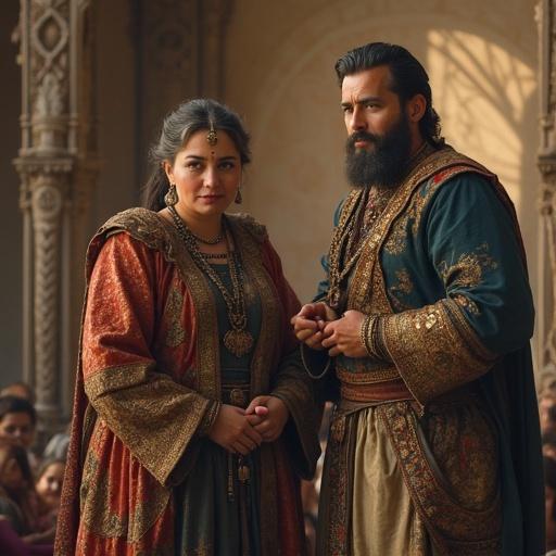 Depiction of a couple in traditional attire. They are standing in a beautifully designed ornate setting. The woman wears intricate jewelry and a flowing dress. The man is adorned with a long beard and elaborate garments. A crowd is slightly blurred in the background.