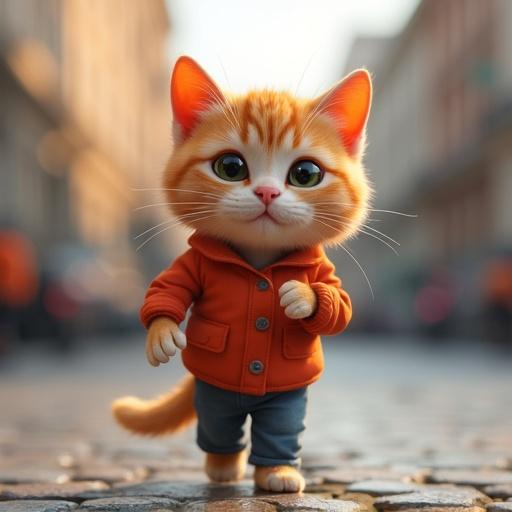 Create a high-quality 3D caricature of a playful cat in a street setting. The cat has exaggerated facial features and an oversized head. It wears a vibrant orange jacket and blue pants, appearing lively and cute. Showcase realistic textures and fine details for a lifelike appearance.