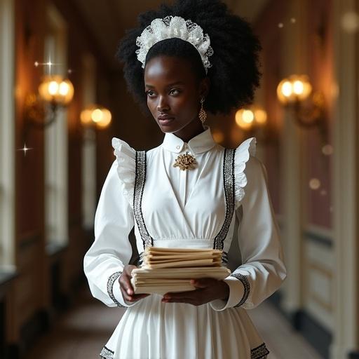 Elegant Afro goddess inspired by Yemọja with deep black skin and delicate features. Glossy black hair in soft waves with kanzashi. Luxurious white maid uniform with black accents. Standing while carrying documents through a lavish hallway. Focused expression with a magical atmosphere.