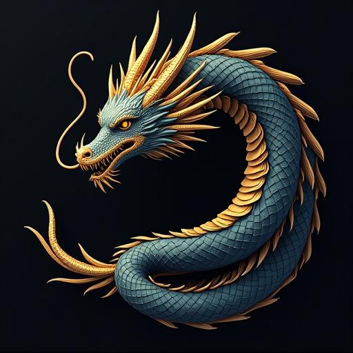 Simple design of a spiral dragon with features. Body in sections, head near the end and tail deeper in the spiral. Main color is purple, complemented by golden highlights, and a black background.