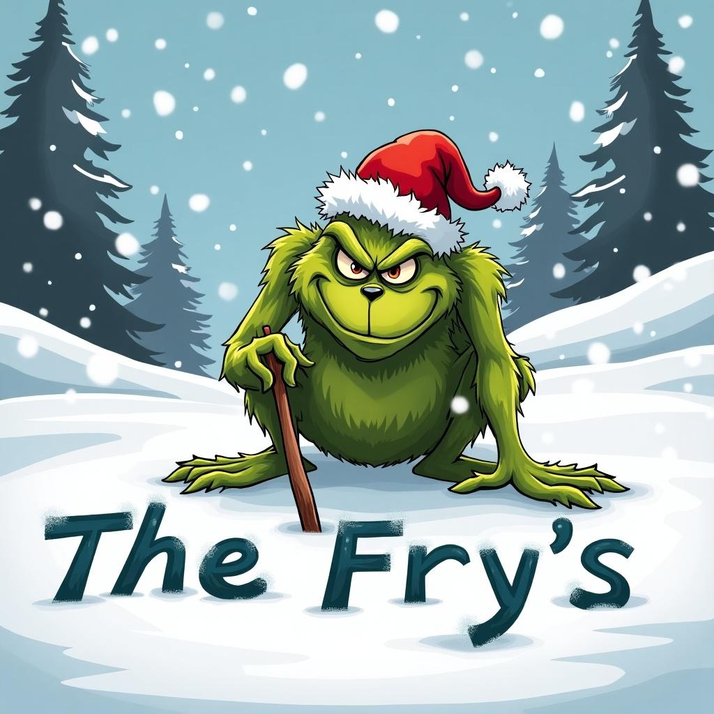 Whimsical winter scene with the Grinch in snowy landscape. Grinch has grumpy expression and green fur, crouched down writing 'The Fry's' in snow. Snowflakes fall gently, creating festive atmosphere. Snow-covered hills and pine trees are in the background. Grinch wears Santa hat, hinting at holiday mischief.