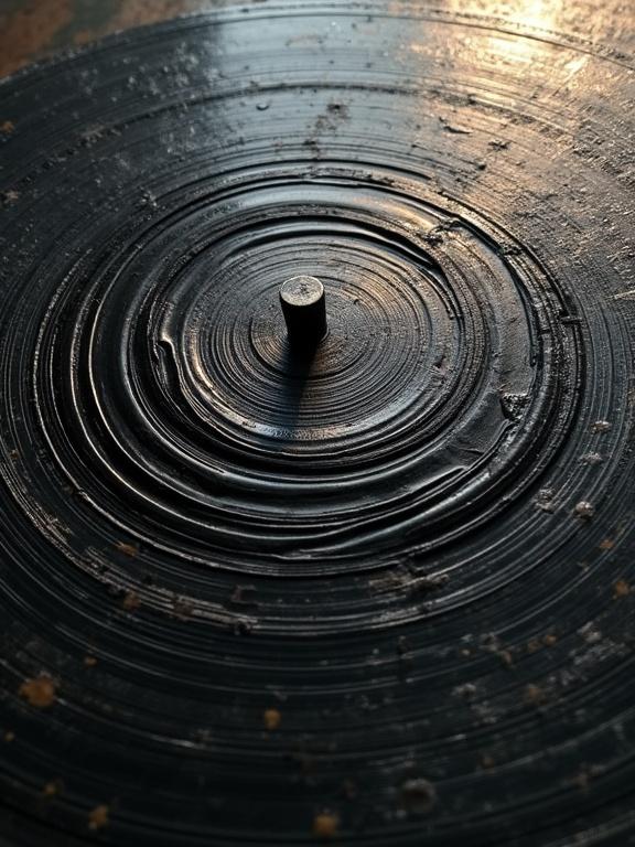 Close-up view of the surface of a vinyl record. Grooves are prominently visible across the frame. The image has a rough oil painting texture in dark tones. Features include a dark silhouette and heavy corrosion on a diagonal. Central spindle is highlighted.