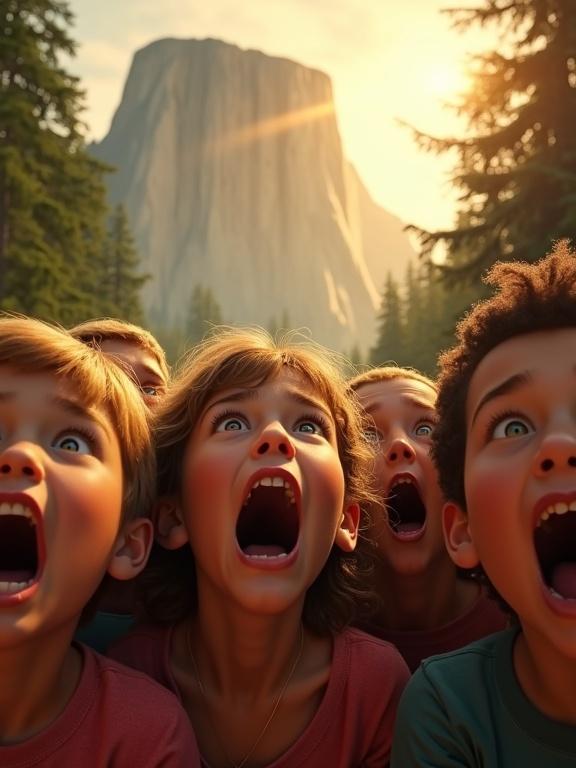 Group of children with terrified expressions. Mouthed screams and wide eyes. Bright sky with warm golden light. Massive mountain in background. Surrounded by dark green forest. Atmosphere of fear and panic. 3D digital illustration in Pixar style.