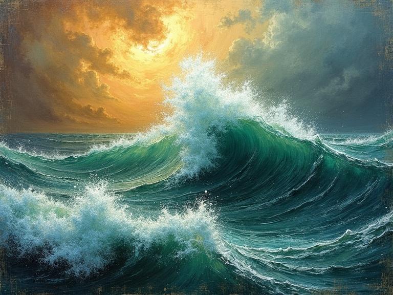 Dramatic oil painting depicts a turbulent ocean scene. Textured brushstrokes enhance the depth and movement of waves. Deep gold and burgundy hues contrast with vibrant greens and blues. Painting evokes a sense of power and intensity.
