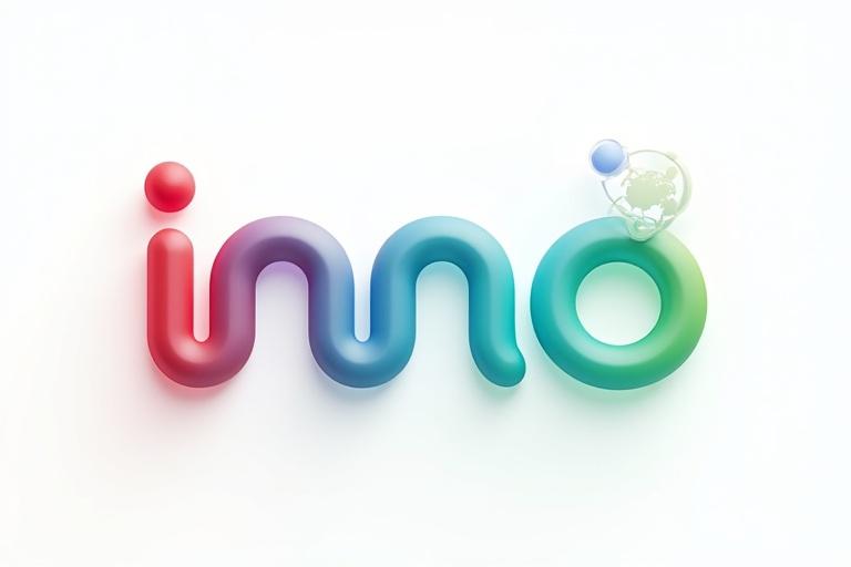 Minimalist logo for inno ramli. Text rendered in a flowing line with color transitions. Bright red to light blue to green. Letters have a 3D glossy effect. O replaced with a globe icon. Transparent background with a blue dot at the end of i.