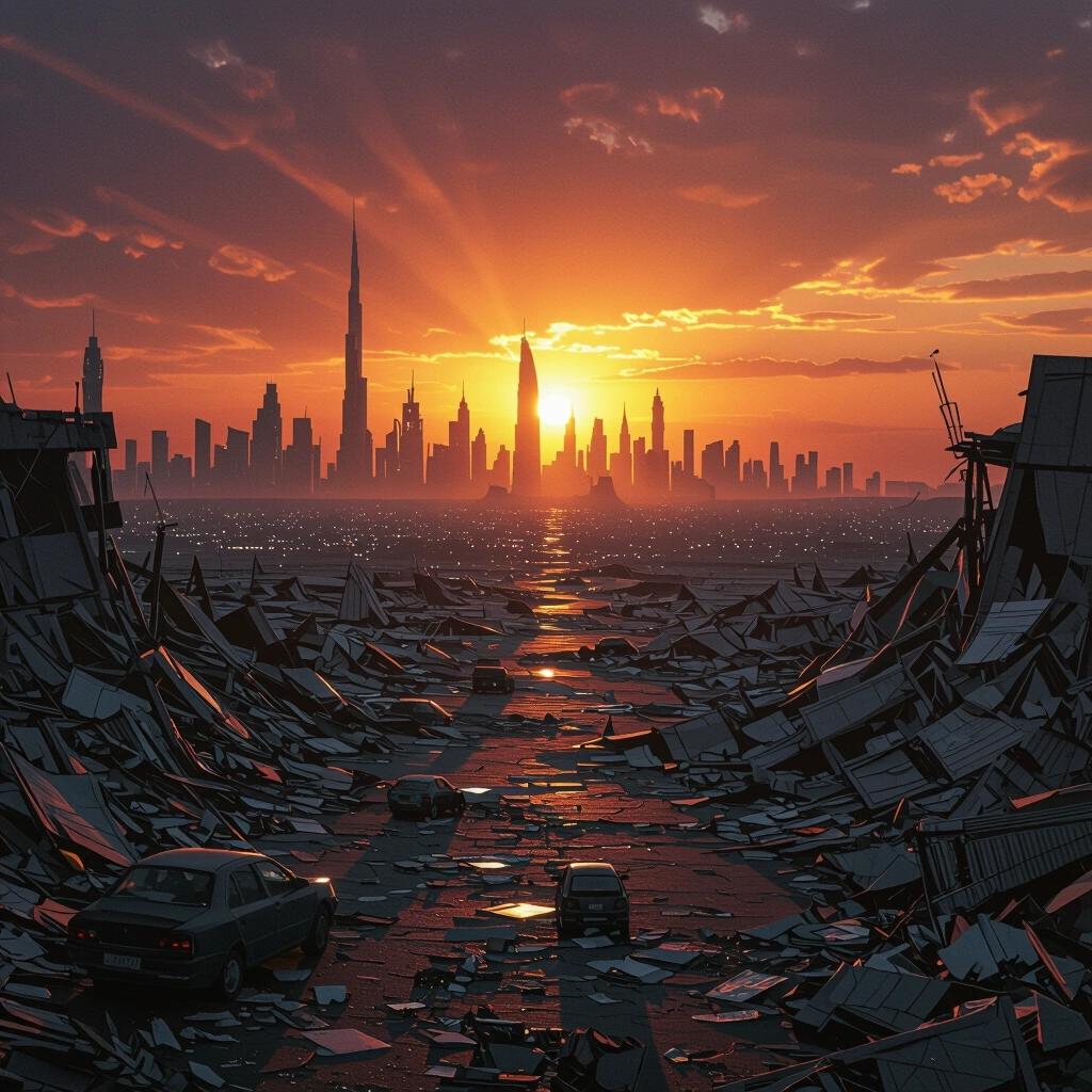 Surreal scene of a dystopian landscape at sunset showing a futuristic megacity in the distance. The ground is littered with debris and cars, leading towards the city skyline under a dramatic sky.