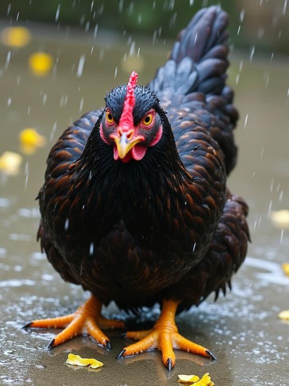 A wet chicken crouching on a concrete surface. Dark brown to black feathers clinging to the body. Red head and comb add contrast. Yellow legs with scaly texture showing dirt. Wings slightly spread. Head upright with an alert expression. Water splashes around. Scene conveys vulnerability and maternal instinct in rain.
