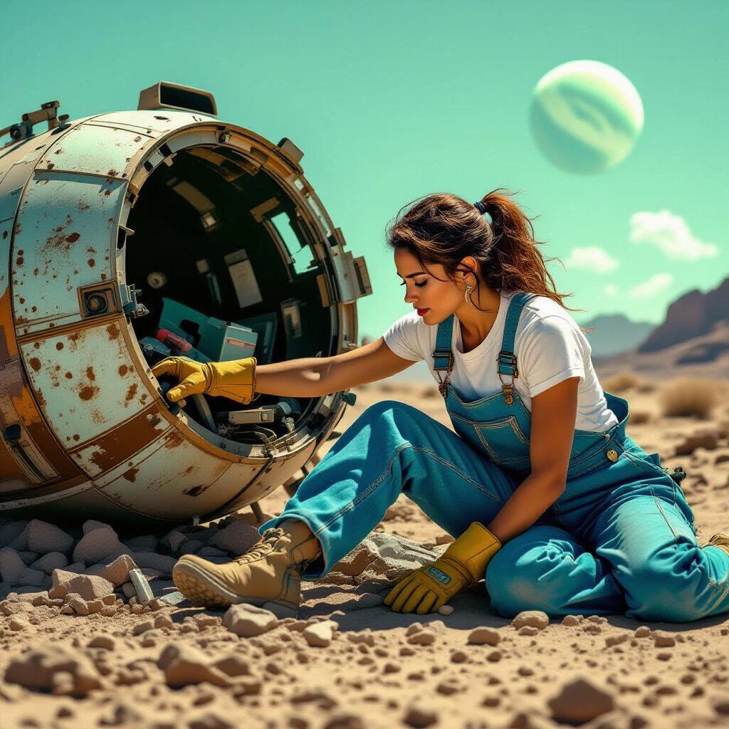 Latina space trucker in blue coveralls reaching into wrecked welding pod. Alien planet visible in light green sky. Ground-level perspective. Detailed scene.