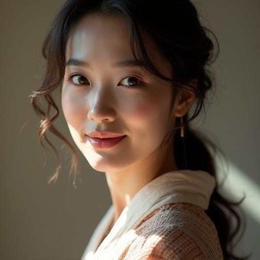Elegant Japanese woman poses in natural light. Hair cascades gently down. Outfit displays detailed design. Soft eyes reflect kindness. Dramatic shadows enhance the overall aesthetic.
