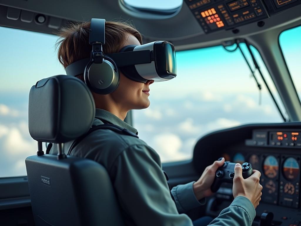 Cinematic landscape featuring a pilot in VR headset. Pilot simulating flight experience in detailed cockpit. Open skies visible in the background. Pilot holding hand controllers. Face not visible to viewers.