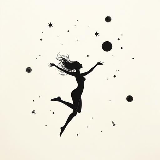 Simplified human shape levitating in space with stars and planets. Monochrome minimalist sketch with delicate ink lines. Evokes blissful and free emotions in a serene setting.