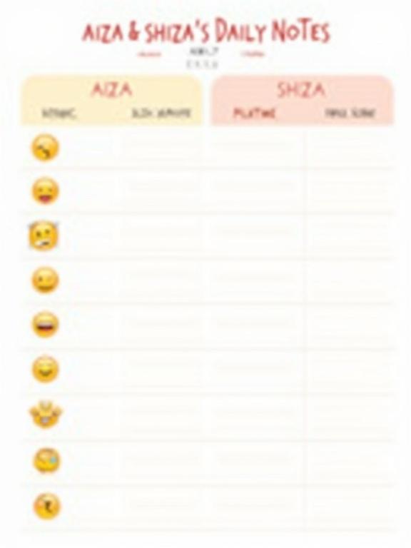 Printable daily activity log for twins named Aiza and Shiza. Titled Aiza & Shiza’s Daily Notes. Space for date at top. Three-column table with large centered emojis for activities. Second column for Aiza, third column for Shiza. Multiple lines for writing time and notes under each activity. Minimal design with pastel colors and white space.
