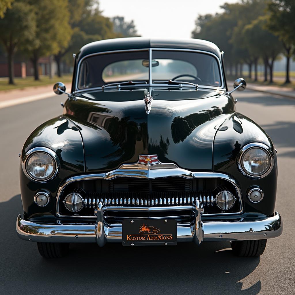 The image features a vintage car viewed from the front. The car has a glossy black finish and chrome accents. Kustom AddiXions is displayed on the front grille.