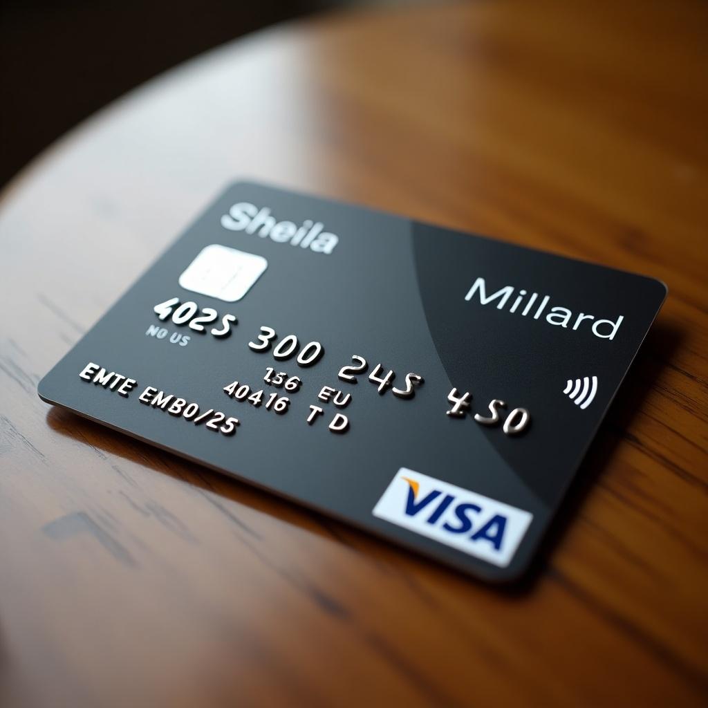 A Visa debit card with the name Sheila Millard on it. The card number is visible. It is placed on a wooden table. Soft lighting illuminates the card.